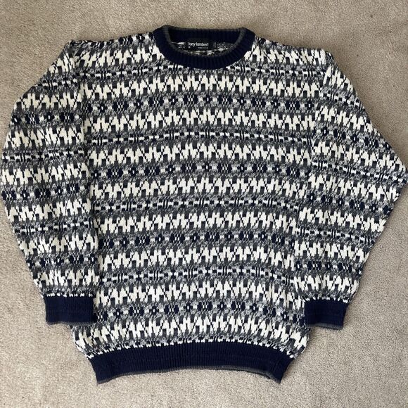 Tony Lambert Sweater Mens Medium Cotton Vintage Textured Navy USA 90s Cosby - Picture 1 of 6